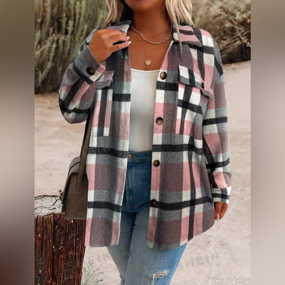 SHEIN LUNE Plus Size Plaid Pattern Flap Pocket Casual Light Jacket, Shacket NEW! - Picture 1 of 4